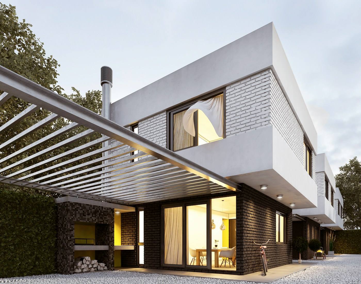 Fachada de casa moderna con pérgola
