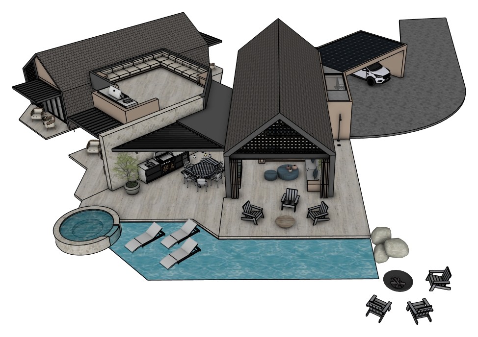 Render del proyecto: dos volúmenes con techo a dos aguas, pérgola, piscina con jacuzzi y carport