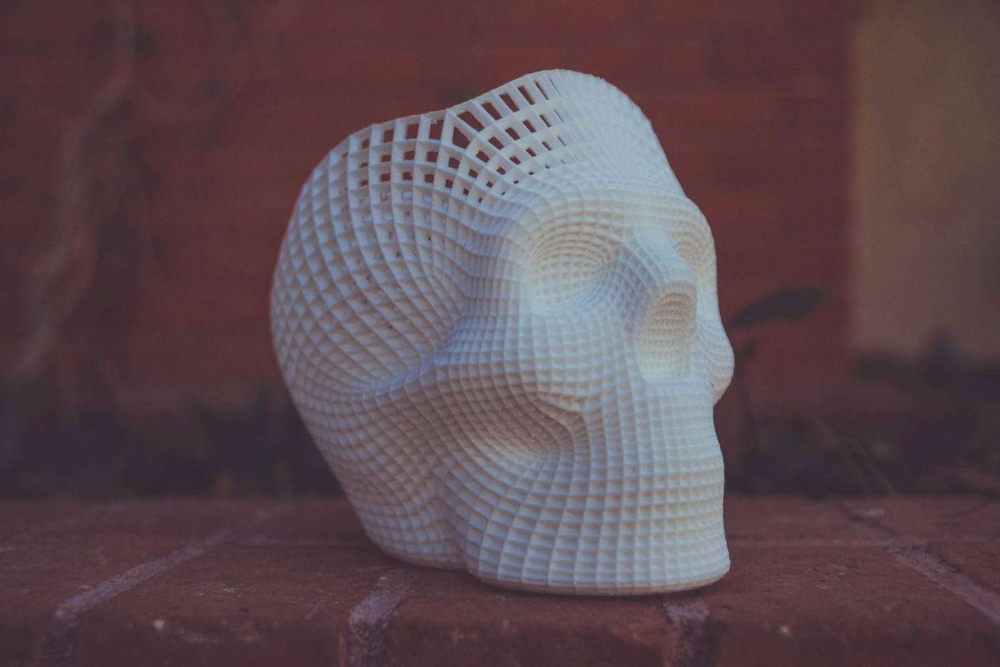 Calavera blanca de malla sobre fondo rojo