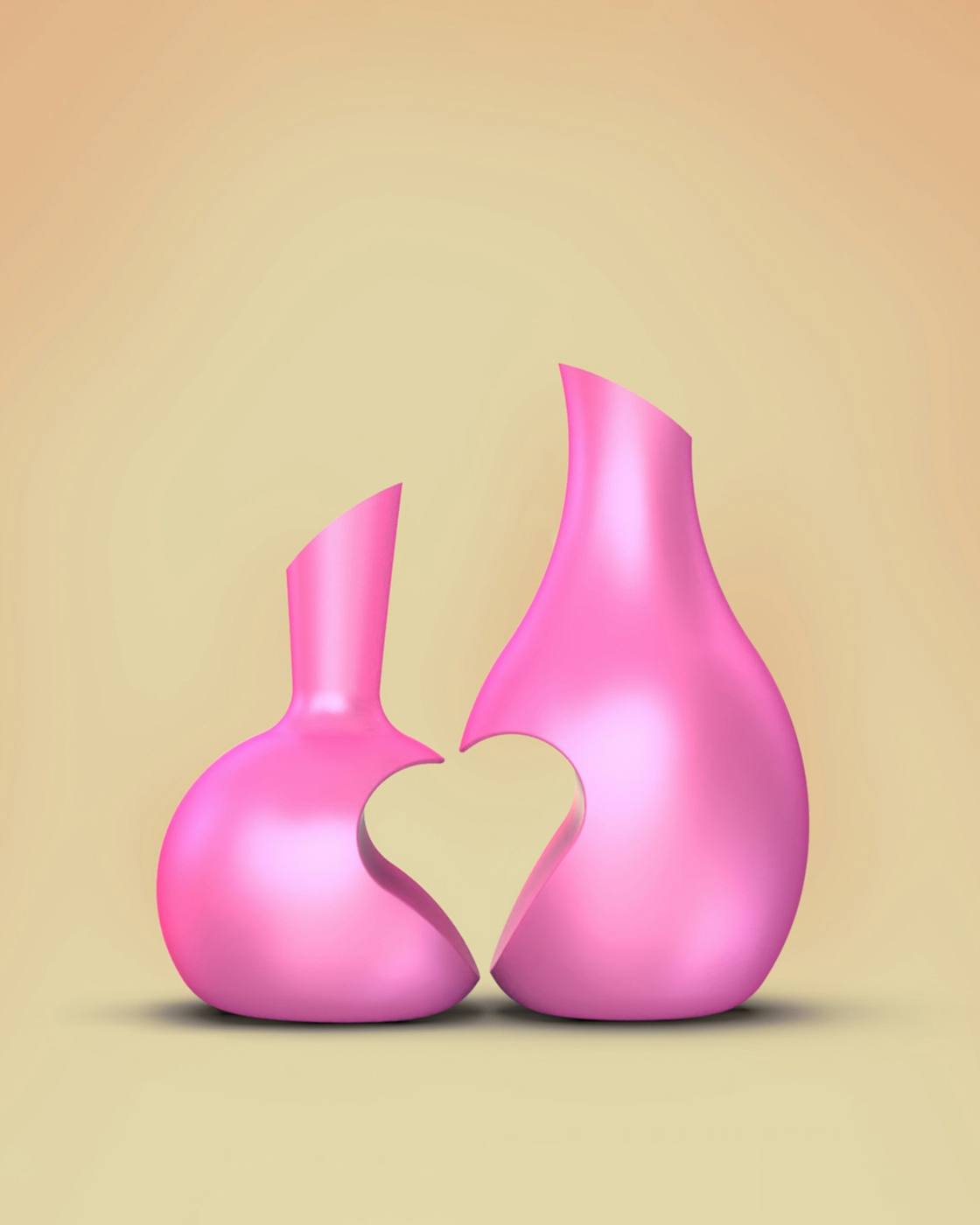 Dos jarrones rosados que forman un corazón